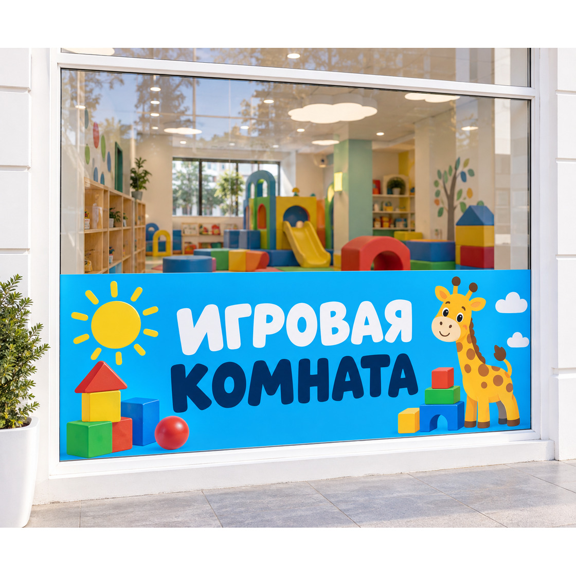 Синяя наклейка «Игровая комната» с жирафом и игрушками на нижней части окна