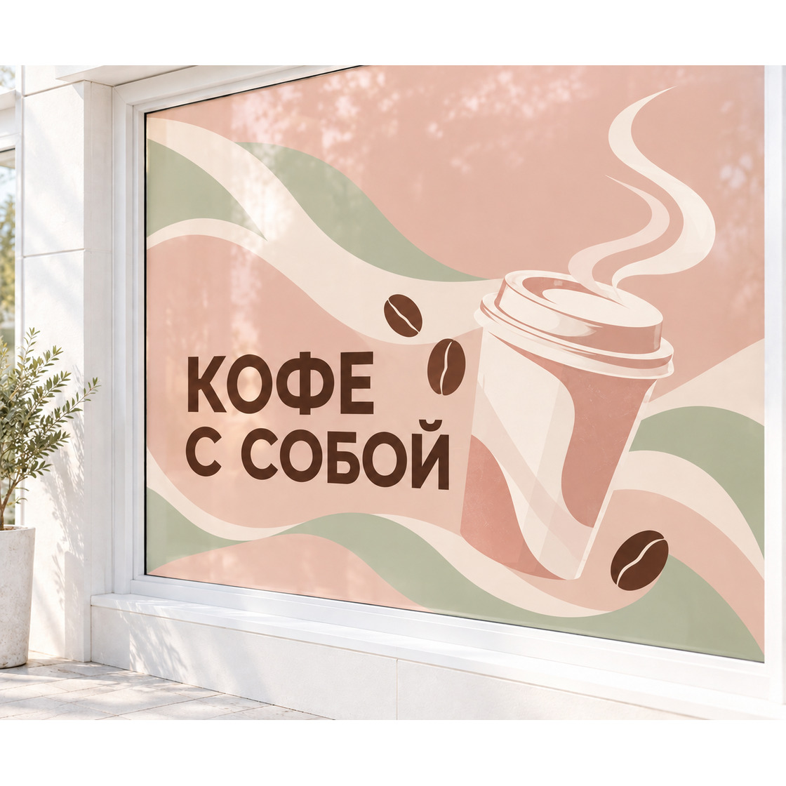 Розовая наклейка «Кофе с собой» с изображением стакана на всё стекло витрины