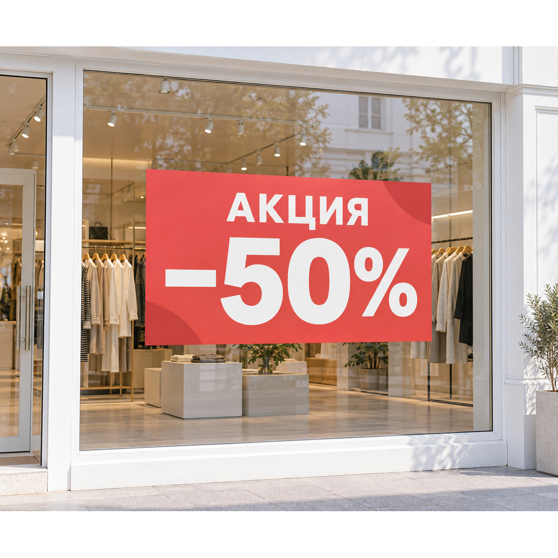 Красная наклейка «Акция −50%» на стеклянной витрине магазина одежды