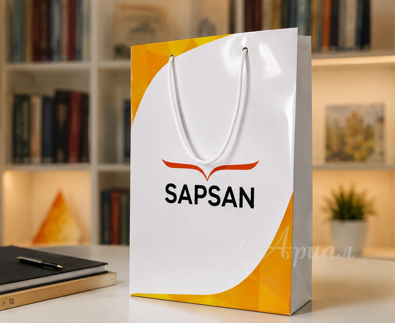 Белый бумажный пакет SAPSAN с жёлто-оранжевыми элементами и верёвочными ручками