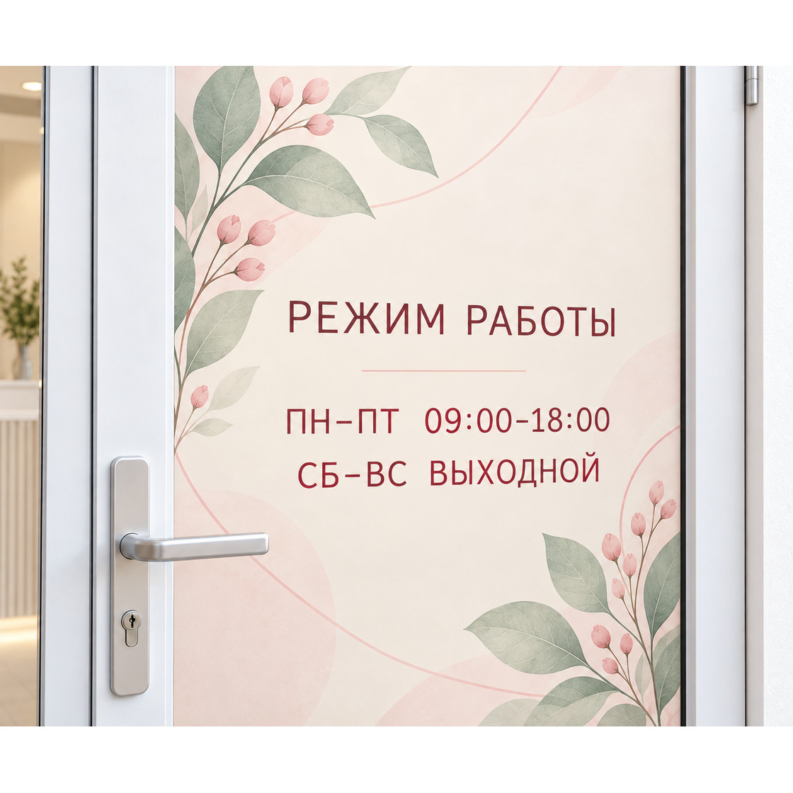 Наклейка «Режим работы» на кремовом фоне с растительным рисунком на стеклянной двери