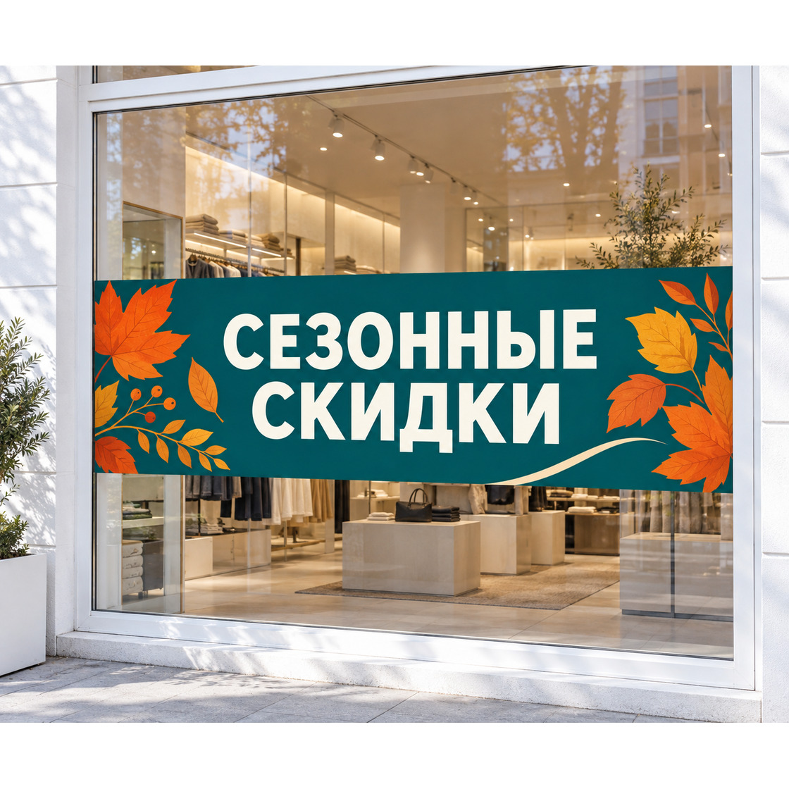 Прямоугольная наклейка «Сезонные скидки» на витрине магазина