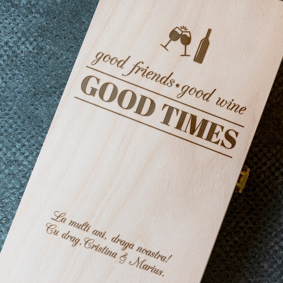 Cutie de vin personalizată pentru două sticle - Good Friends, Good Wine, Good Times